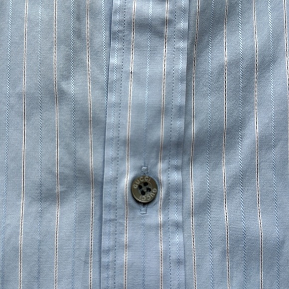 Gucci button down Shirt in light blue with lines of blue and dark red/brown - Picture 3 of 13